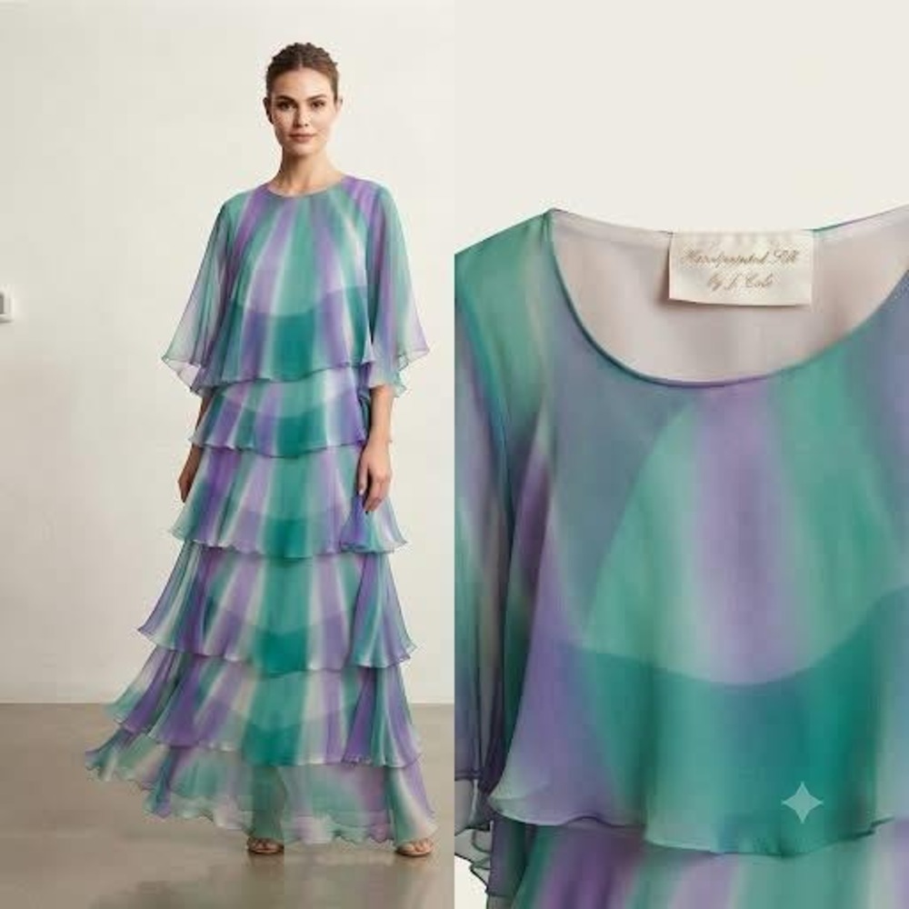 Zuhja Handpainted Silk Maxi Dress M Purple Green Tiered Ruffle Butterfly